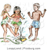 Clip Art of Happy Summer Children Running Through a Sprinkler by LoopyLand